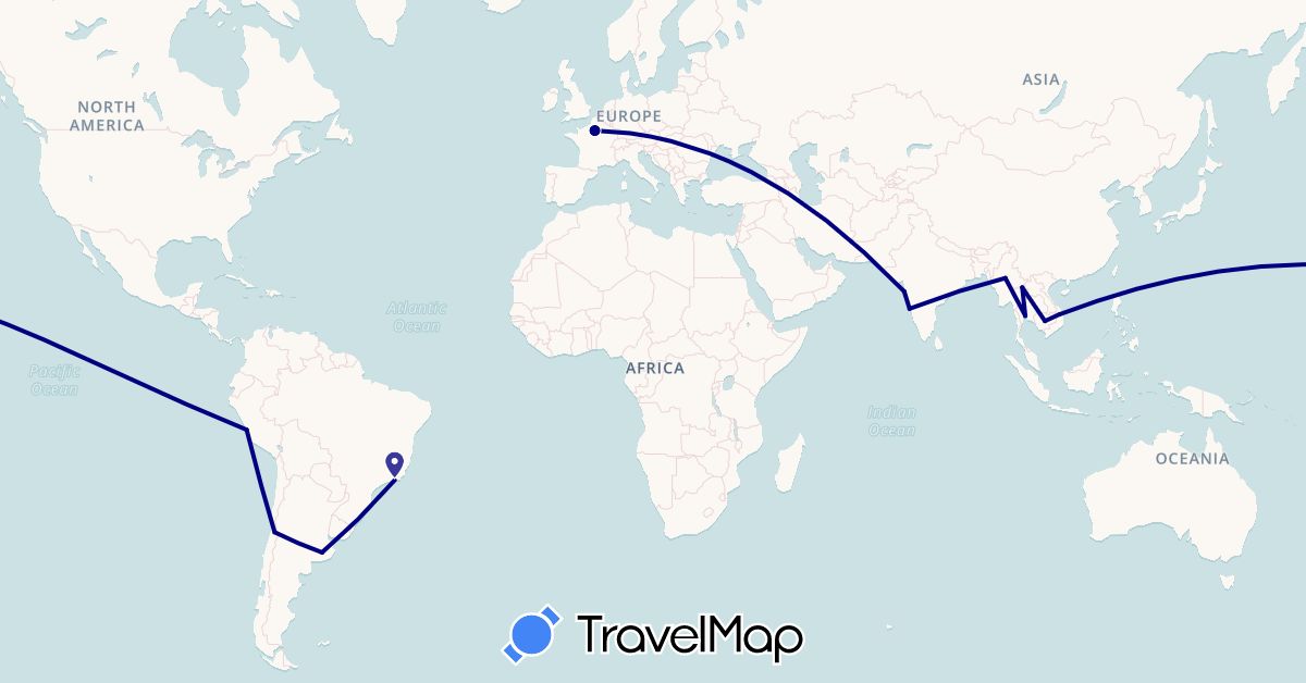TravelMap itinerary: driving in Argentina, Brazil, Chile, France, India, Cambodia, Myanmar (Burma), Peru, Thailand, Vietnam (Asia, Europe, South America)